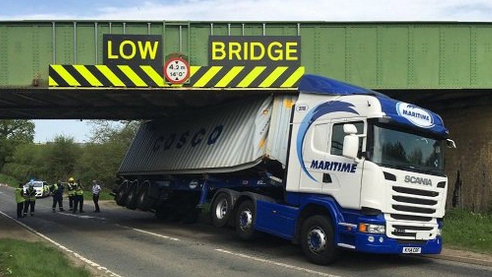 Lorry wedged under bridge
