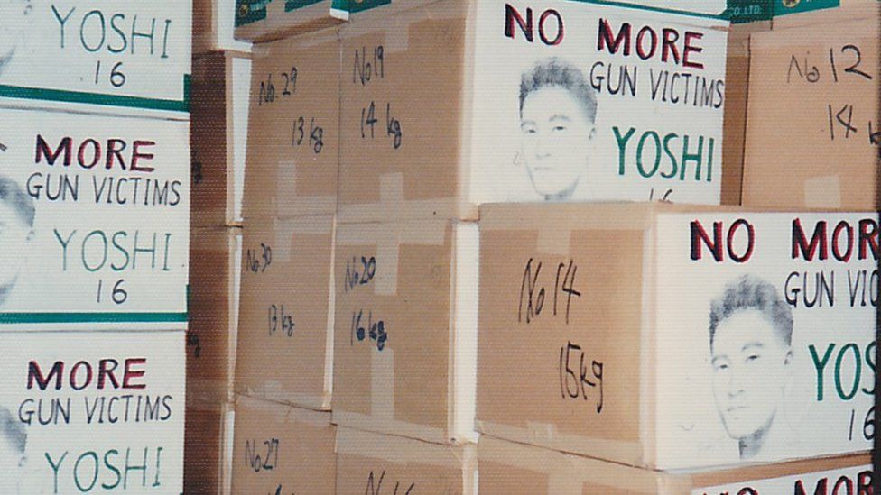 Boxes filled with petitions sent to the US to campaign for an end to easy access to guns, organised by the Hattoris