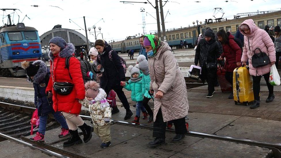 Refugees at the train station in Lviv, Ukraine