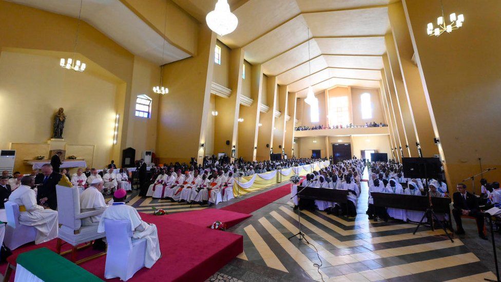 Pope Francis attends a meeting with bishops, priests, deacons, consecrated persons, seminarians and lay pastoral workers, of South Sudan, in the Cathedral of Saint Therese on February 04, 2023 in Juba, South Sudan.