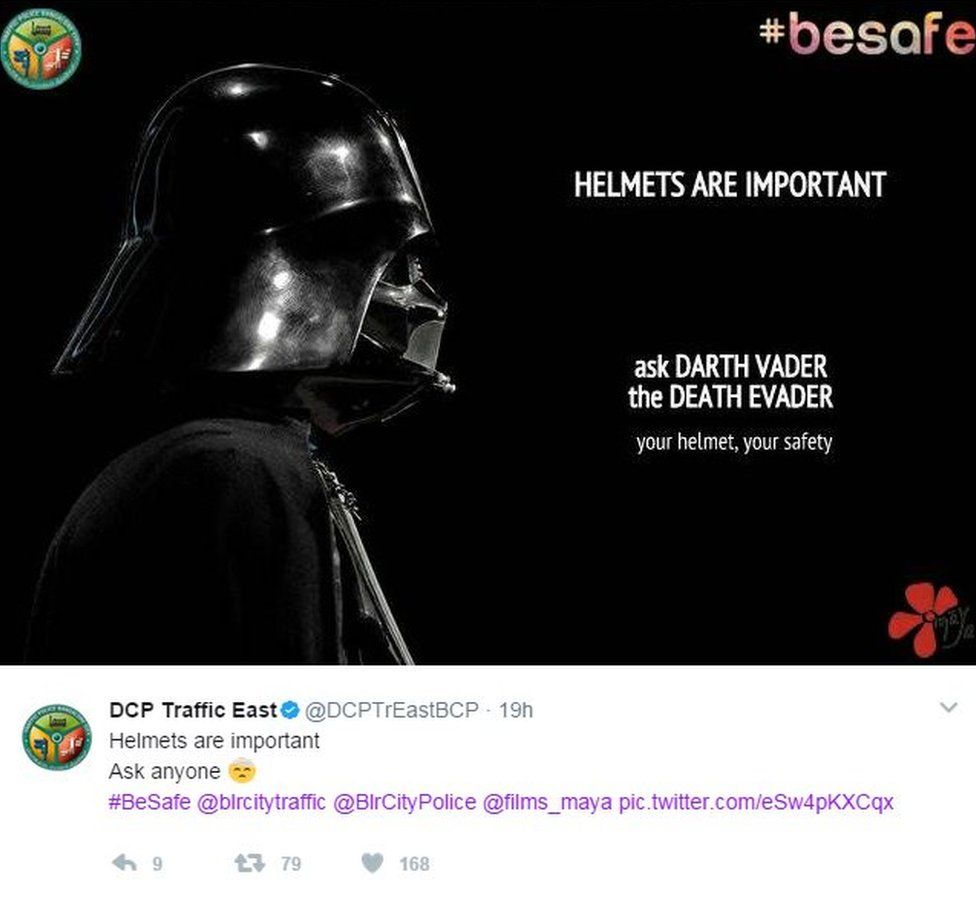 A tweet from Bangalore police with an image of Darth Vader in his helmet and the message "Ask Darth Vader, the death evader, your helmet, your safety". Then Bangalore police say: "Helmets are important. Ask anyone."