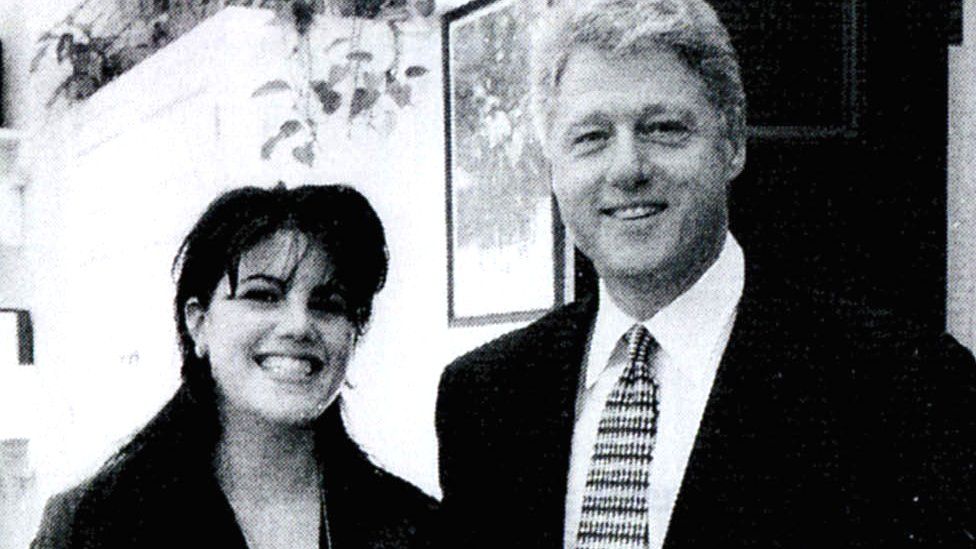 Former White House intern Monica Lewinsky with then-President Bill Clinton at a White House, 21 September 1998