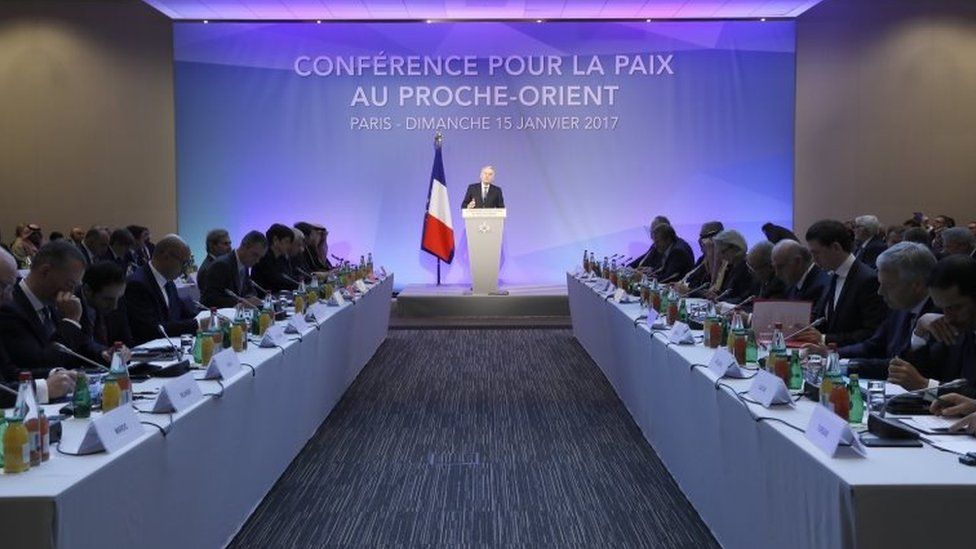 French Minister of Foreign Affairs Jean-Marc Ayrault addresses delegates at the opening of the Mideast peace conference in Paris, on 15 January 2017.