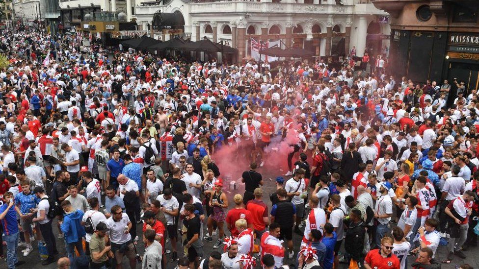 England fans in Leicester Square in central London