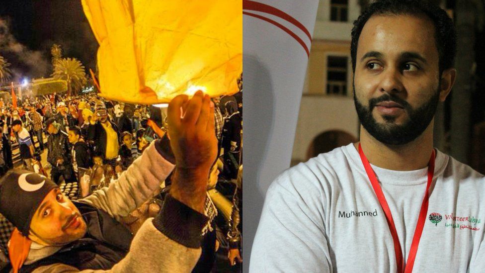 Muhanned Kalash at a protest event (left) and working for a volunteer organisation after Muammar Gaddafi's ousting (right)