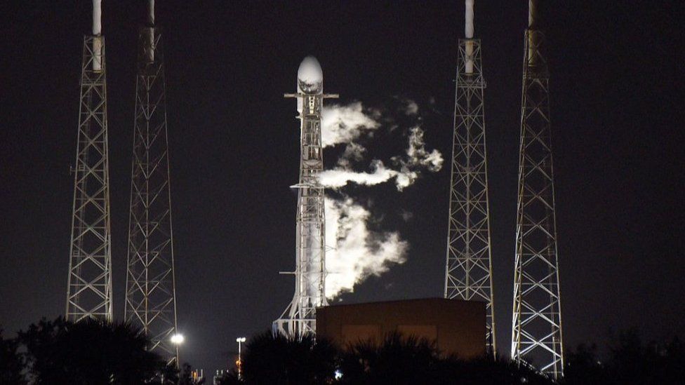 A SpaceX Falcon 9 rocket vents during fueling before launching the HAKUTO-R Mission 1 from pad 40 at Cape Canaveral Space Force Station on December 11, 2022