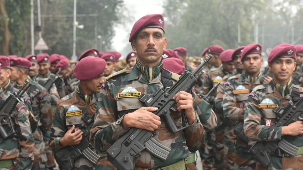 Soldiers rehearsing for the Republic Day parade on 24 January 2022