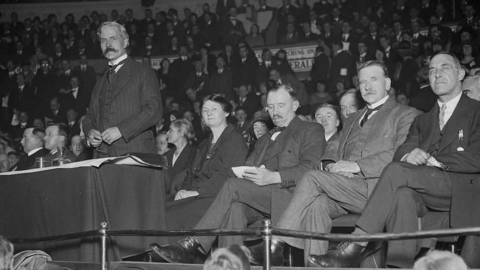 Prime Minister Ramsay MacDonald and MPs Margaret Bondfield, M H Thomas and Robert Smillie at the Labour Victory meeting at the Royal Albert Hall in London.