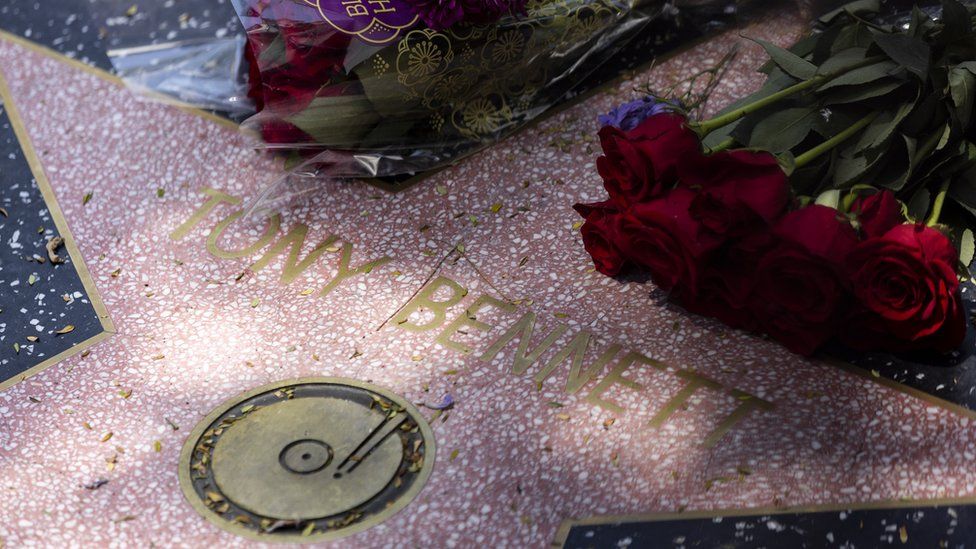 Floral tributes left at Tony Bennett's star on the Hollywood Walk of Fame