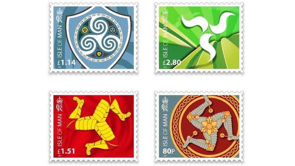 Images of the first digital stamps used by the Isle of Man Post Office, featuring different versions of the Triskelion flag.