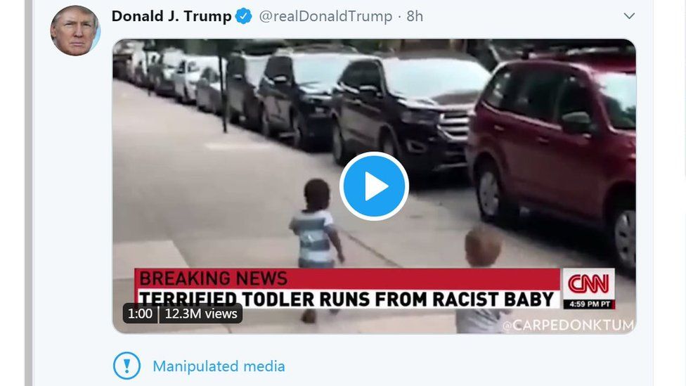 A tweet from president Trump shows a black child running away from a white child on a city street, with the news caption "Terrified todler [sic] runs from racist baby'