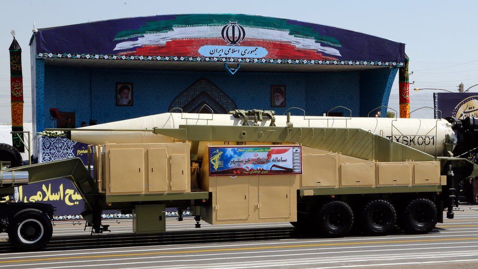 A Khoramshahr medium-range ballistic missile is displayed at a military parade in Tehran, Iran on 22 September 2017