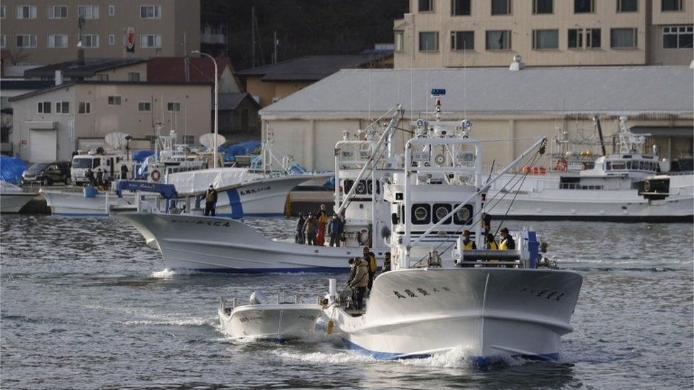 A fishing boat leaves from Utoro port for searching for the missing tour boat "Kazu 1" in Shari, Hokkaido Prefecture, Japan in this photo taken by Kyodo on April 24, 2022.