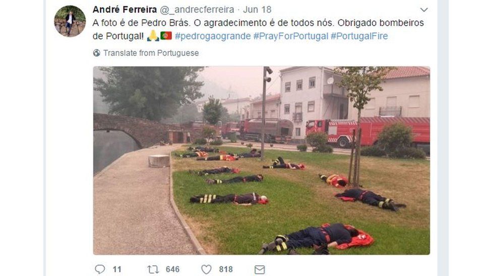 "The photo is by Pedro Brás. All of us are grateful. Thank you firefighters of Portugal!"