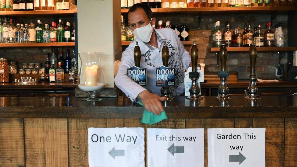 A bar worker in a facemask during the Covid pandemic
