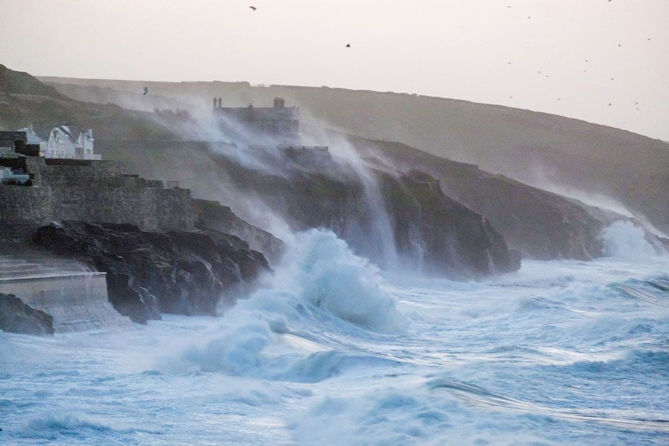 Waves hits Porthleven on the Cornish coast as Storm Eunice makes landfall on 18 February 2022