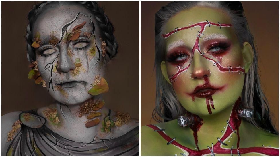 Split image of two Halloween looks on Beckii - one is very pale with green and brown leaves, the other she is totally green with red blood and wire painted on