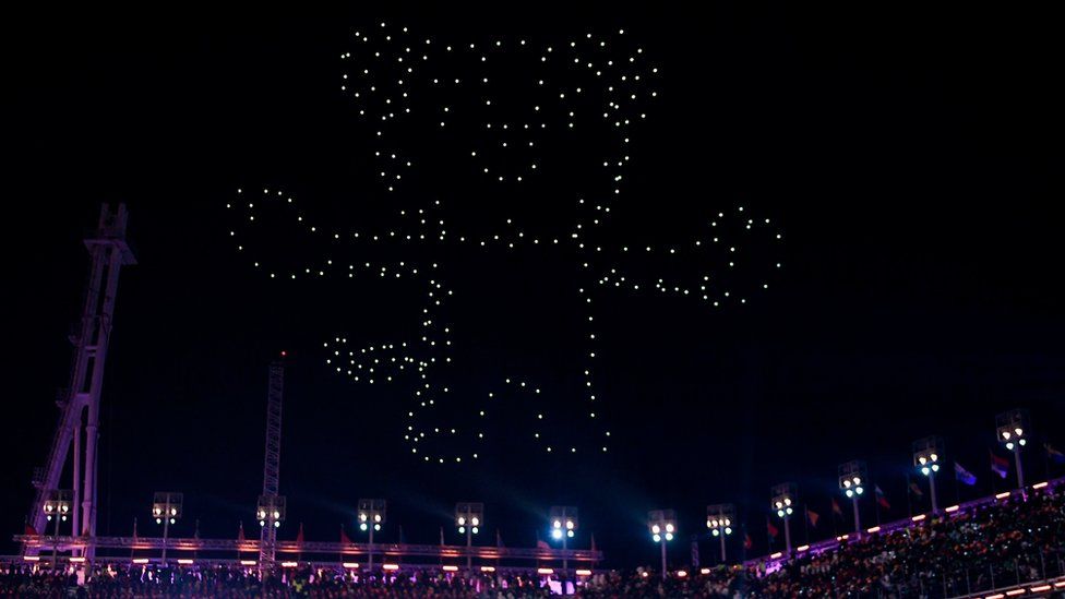 Soohorang - the Olympic white tiger mascot - lit up the sky at the closing ceremony