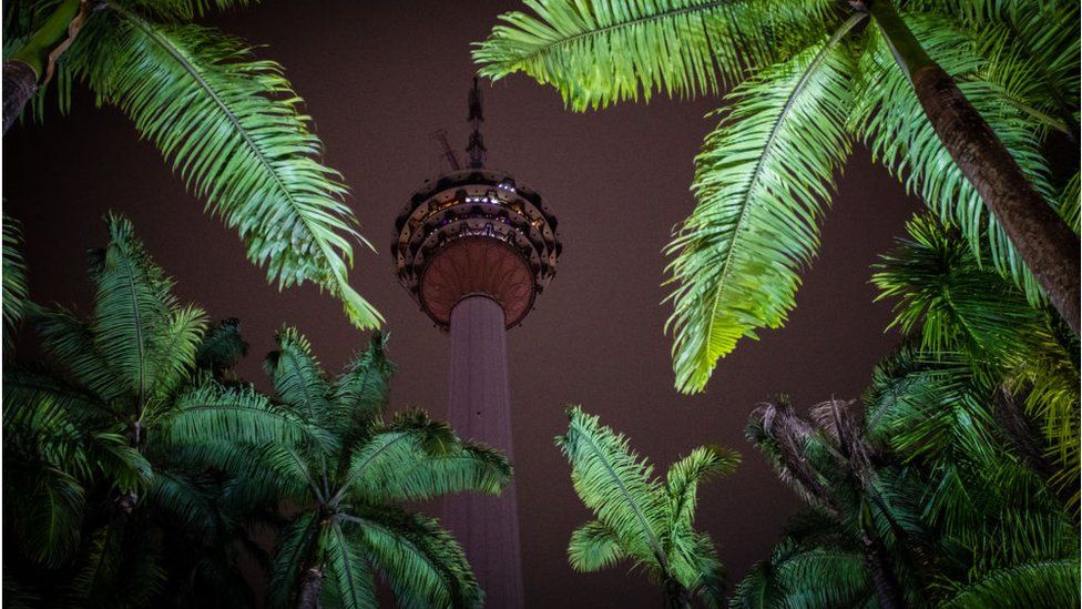 A view of the Kuala Lumpur Tower after the main lights of the tower were turned off in conjunction with the "Earth Hour" 2022 event in Kuala Lumpur, Malaysia on March