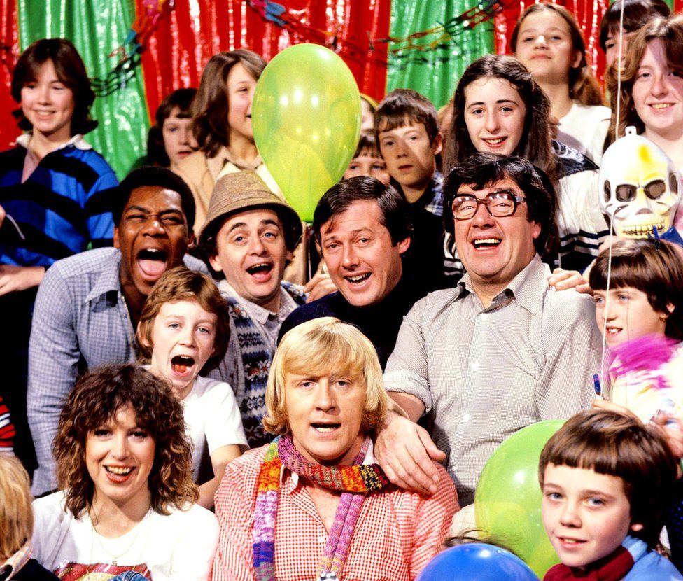 Lenny Henry, Sylvester McCoy, Peter Tomlinson, Frank Carson, Sally James, Chris Tarrant and John Gorman on TISWAS TV show in 1978