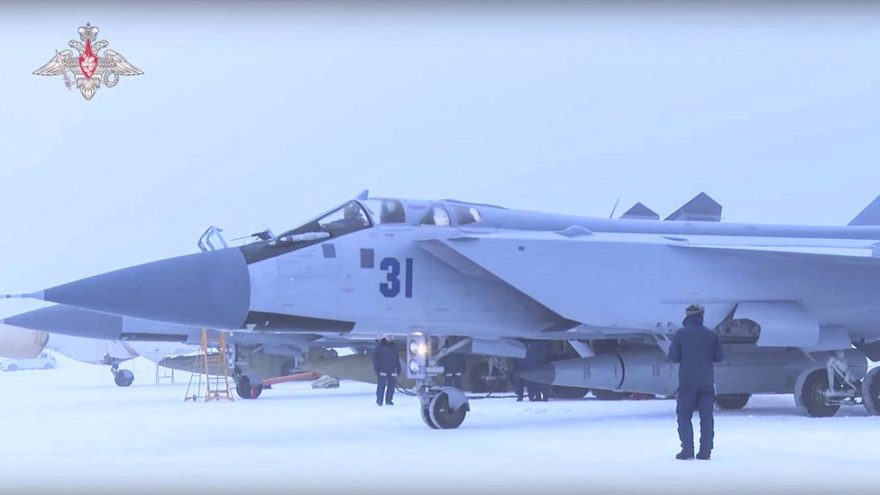 Kinzhal missiles have been fitted to Russian MiG-31K fighter jets, as shown in this defence ministry handout