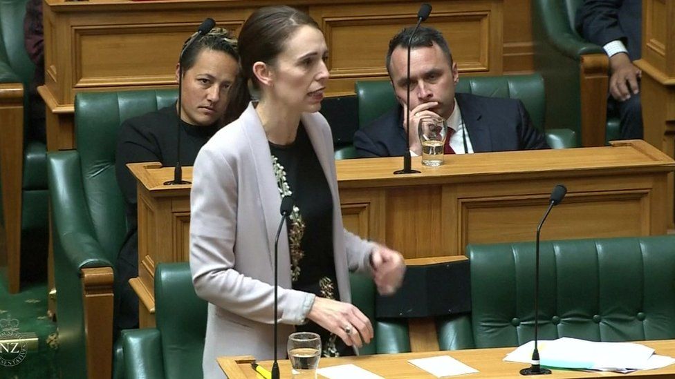 Jacinda Ardern making an emotional speech in parliament on April 10