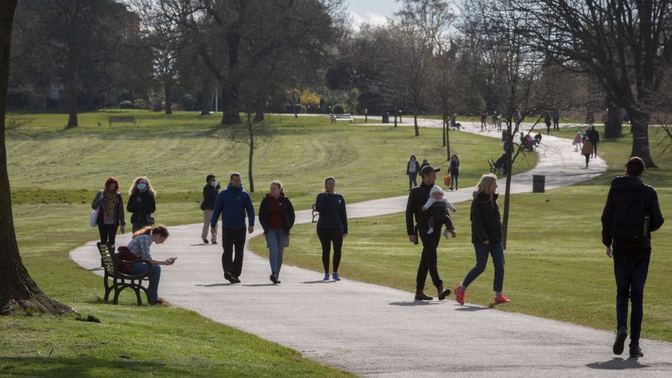Londoners enjoy sunshine and spring temperatures in Brockwell Park in Herne Hill, 3 April 2020, in south London, England