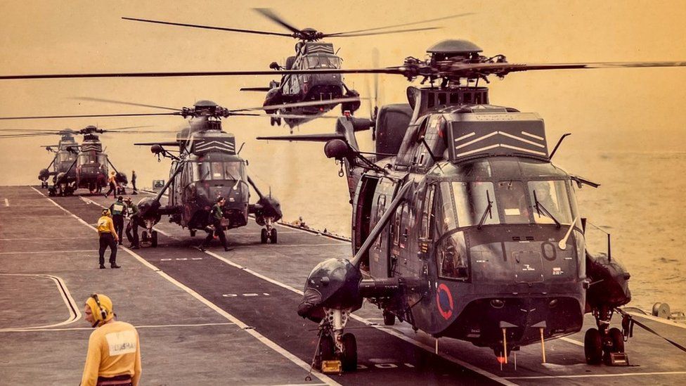 Sea King helicopters on an aircraft carrier during the Falklands War