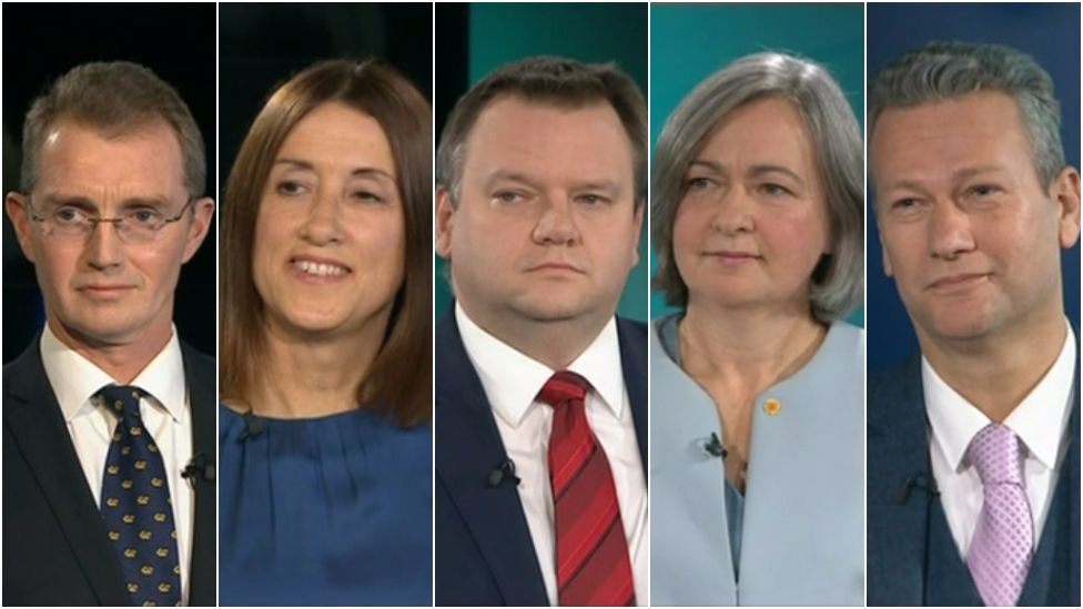 Leading Welsh politicians made their plea for party votes in the ITV debate - left to right: David Davies, Welsh Conservatives; Jane Dodds, Welsh Liberal Democrats; Nick Thomas-Symonds, Welsh Labour; Liz Saville Roberts, Plaid Cymru; Nathan Gill, The Brexit Party