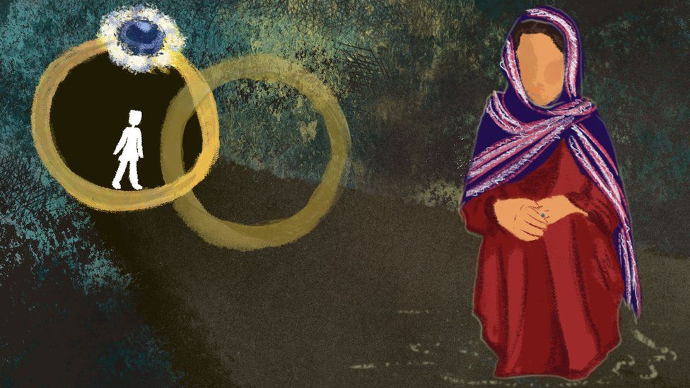 Ilustración que muestra a Nazanin y dos anillos de boda