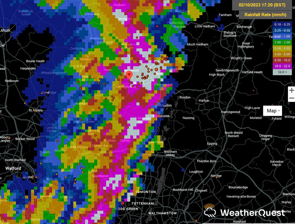 Radar map showing rainfall and lightning strikes over The Sele School