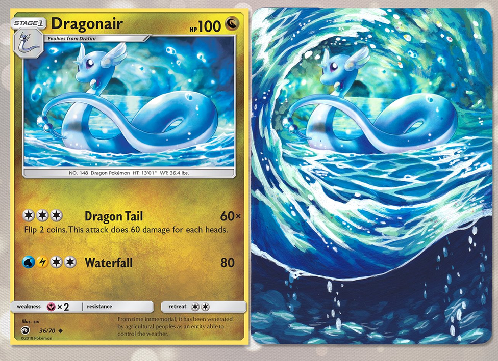 A Dragonair. The original water artwork has been dramatically extended to show crashing waves around the Pokemon.