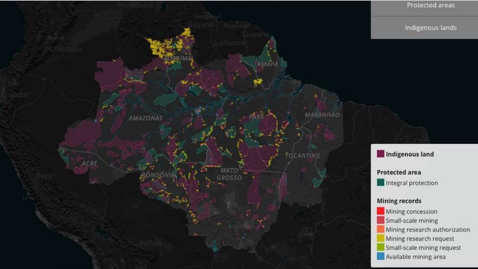 Amazon Watch mapped the mining applications in protected and indigenous areas of the Amazon
