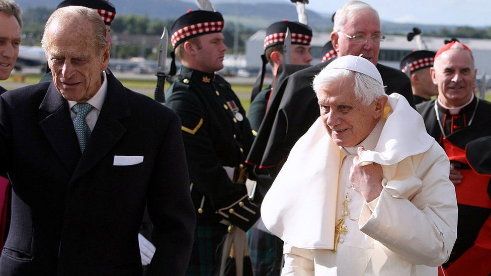 Pope Benedict was met by Prince Philip at Edinburgh Airport at the start of his four-day state visit to the United Kingdom in 2010