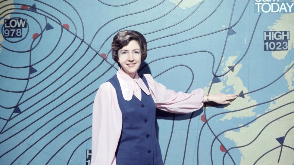Barbara Edwards standing in front of a weather map of the UK