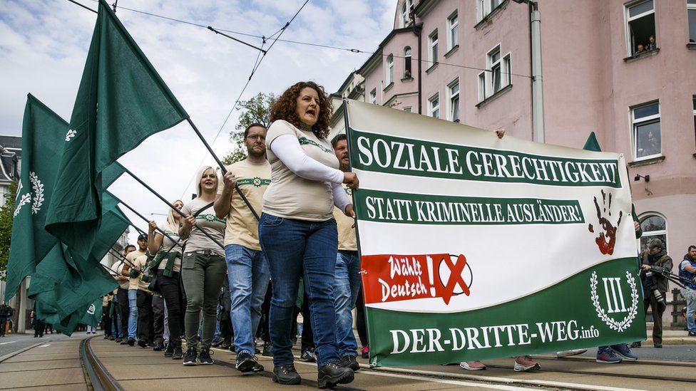 Supporters of the far-right The Third Way (Der Dritte Weg) movement march on May Day on May 1, 2019 in Plauen, Germany