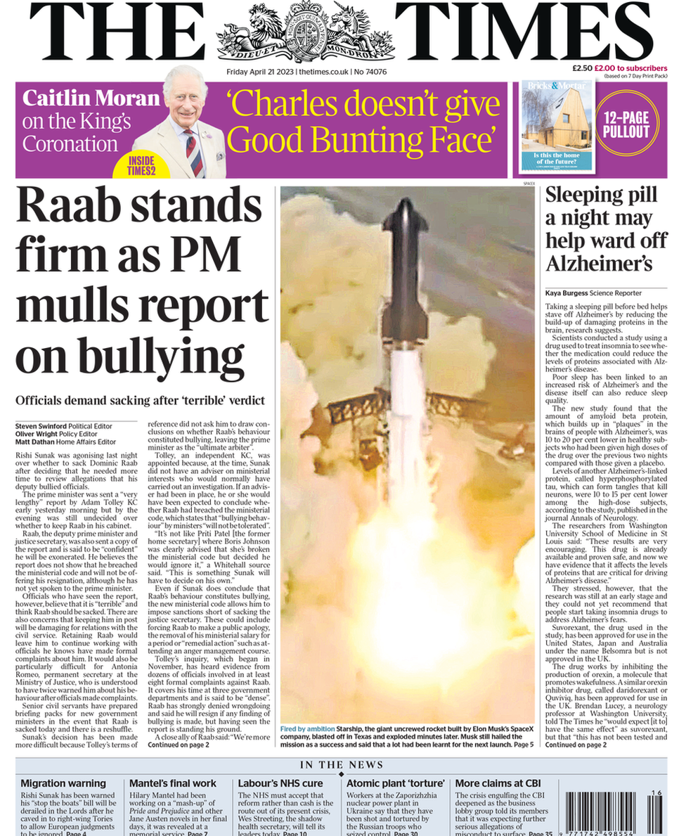 The Times front page 21 April 2023