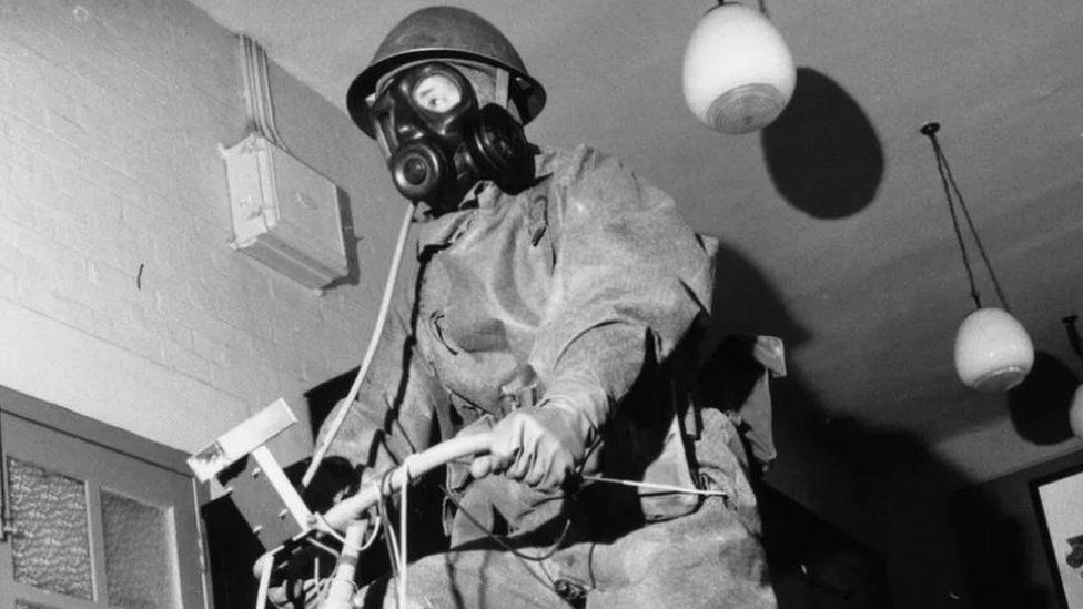Tests were carried out at Porton Down over decades - here a soldier tests PPE in 1964 by pedalling on an exercise bike