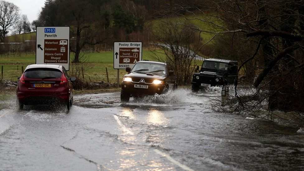 A flooded road near Ullswater in Cumbria following Storm Frank at the end of December 2015