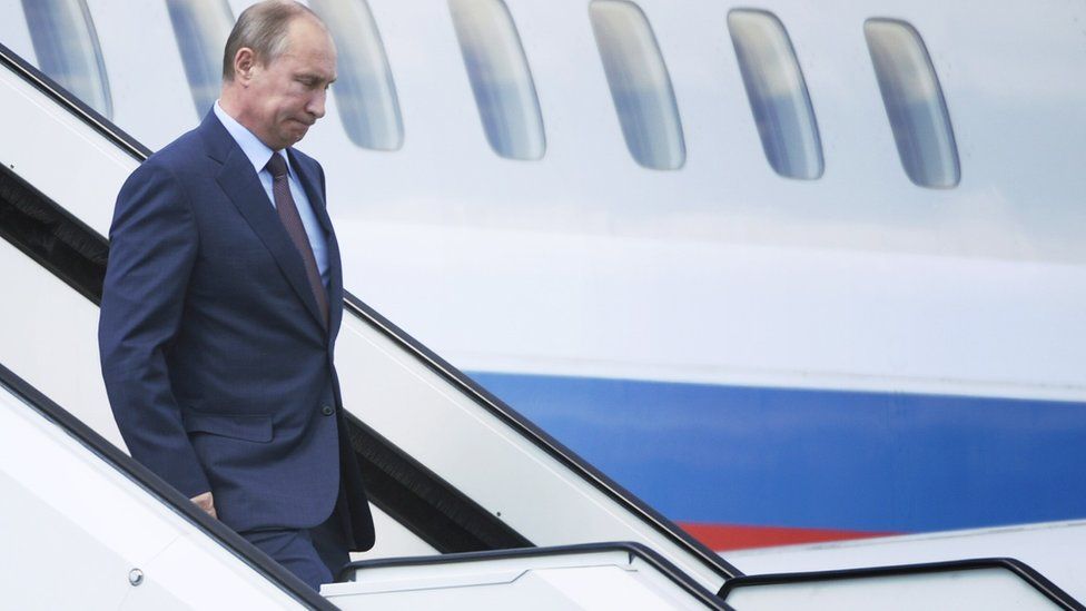 President Putin, shown arriving on an aircraft in Finland in 2013