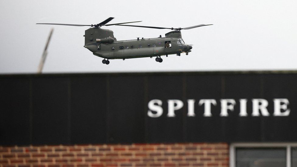 A Chinook helicopter carrying British Home Secretary Suella Braverman