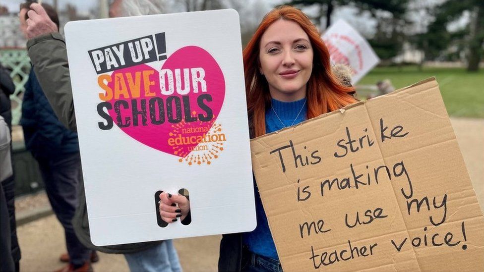 A teacher on strike in Leamington Spa