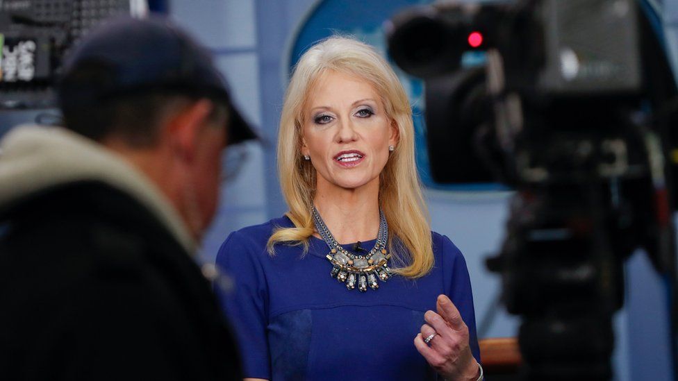Kellyanne Conway answers questions during a network television interview in the James Brady Press Briefing Room of the White House in Washington