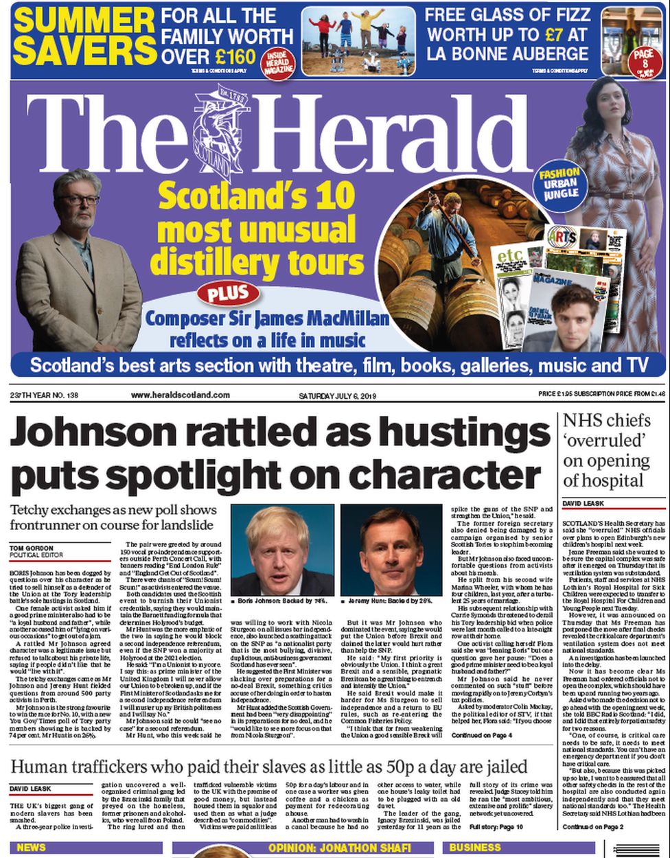 Scotland's newspapers: Hunt's indyref2 'snub' and Johnson 'rattled ...
