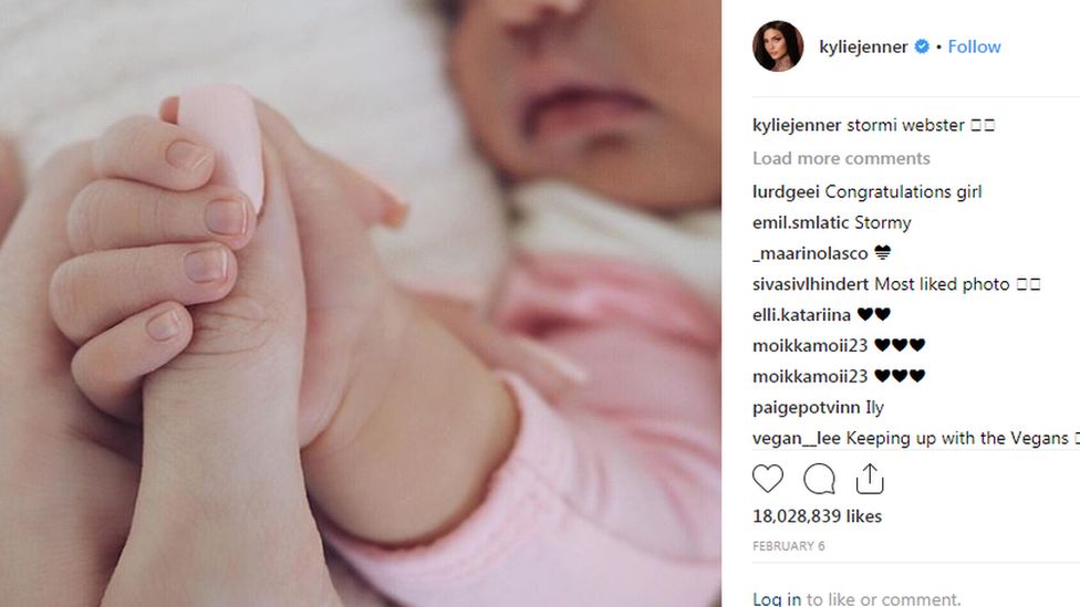 Image of Kylie Jenner's most liked Instagram post - showing her daughter