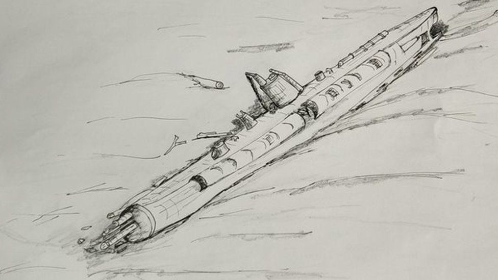 Another sketch of the U-boat wreck