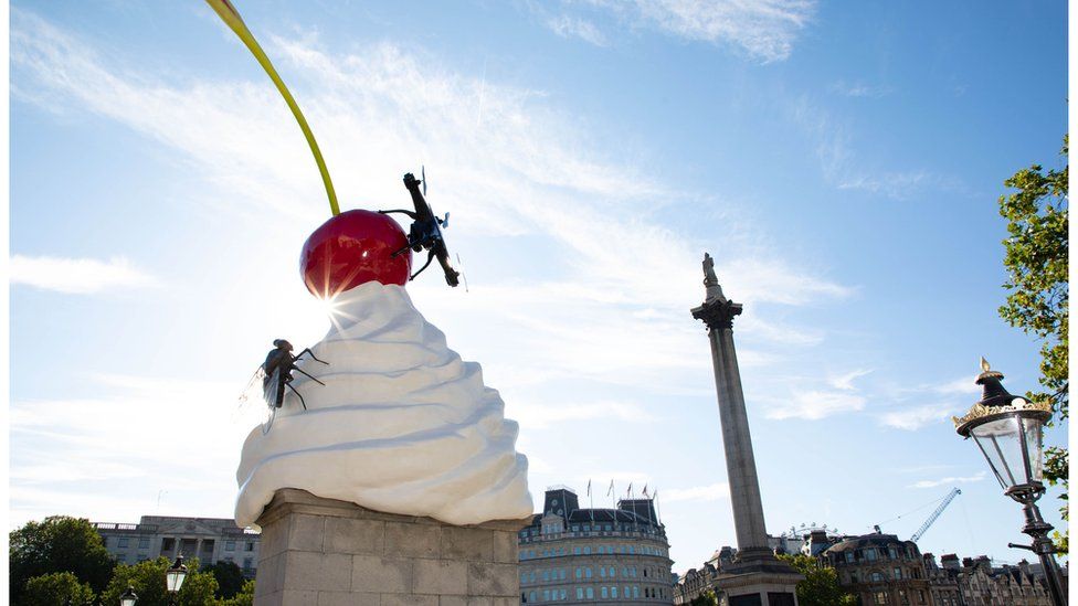 An artwork entitled The End by Heather Phillipson on Trafalgar Square's Fourth Plinth