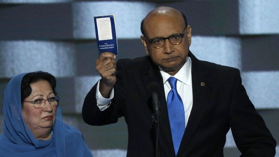 Khizr Khan, whose son Humayun Khan was killed serving in the US Army in Iraq, offers to lend his copy of the US Constitution to Donald Trump, in a speech it the Democratic convention, 28 July