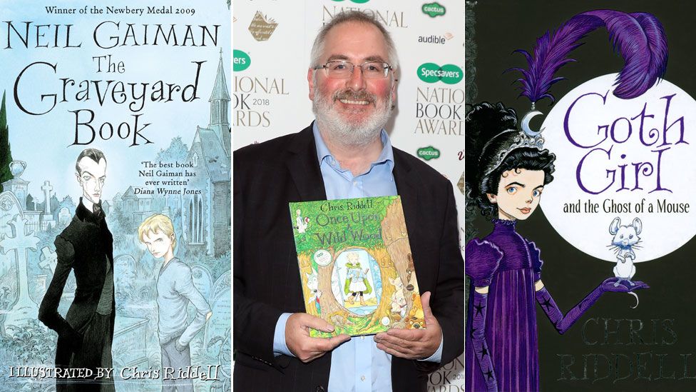 Chris Riddell between the book jackets for Neil Gaiman's The Graveyard Book and his own Goth Girl and the Ghost of a Mouse