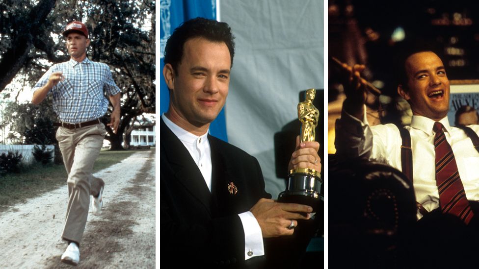 Tom Hanks playing the title role in Forrest Gump, posing with his best actor Oscar in 1995 and as Andrew Beckett in Philadelphia